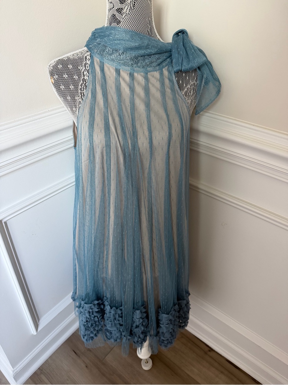 RYU Mock Neck Mesh & Lace Yoke Blue Tulle Dress Size M New